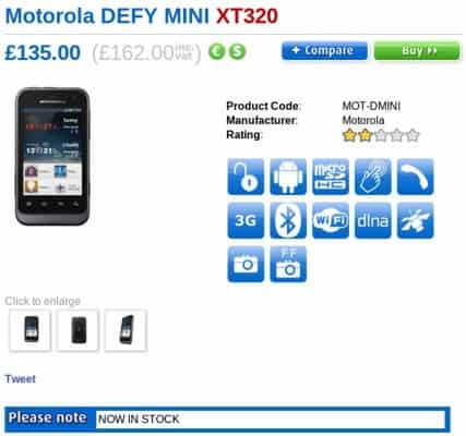  Now Motorola DEFY MINI is Available in UK, Just for £162